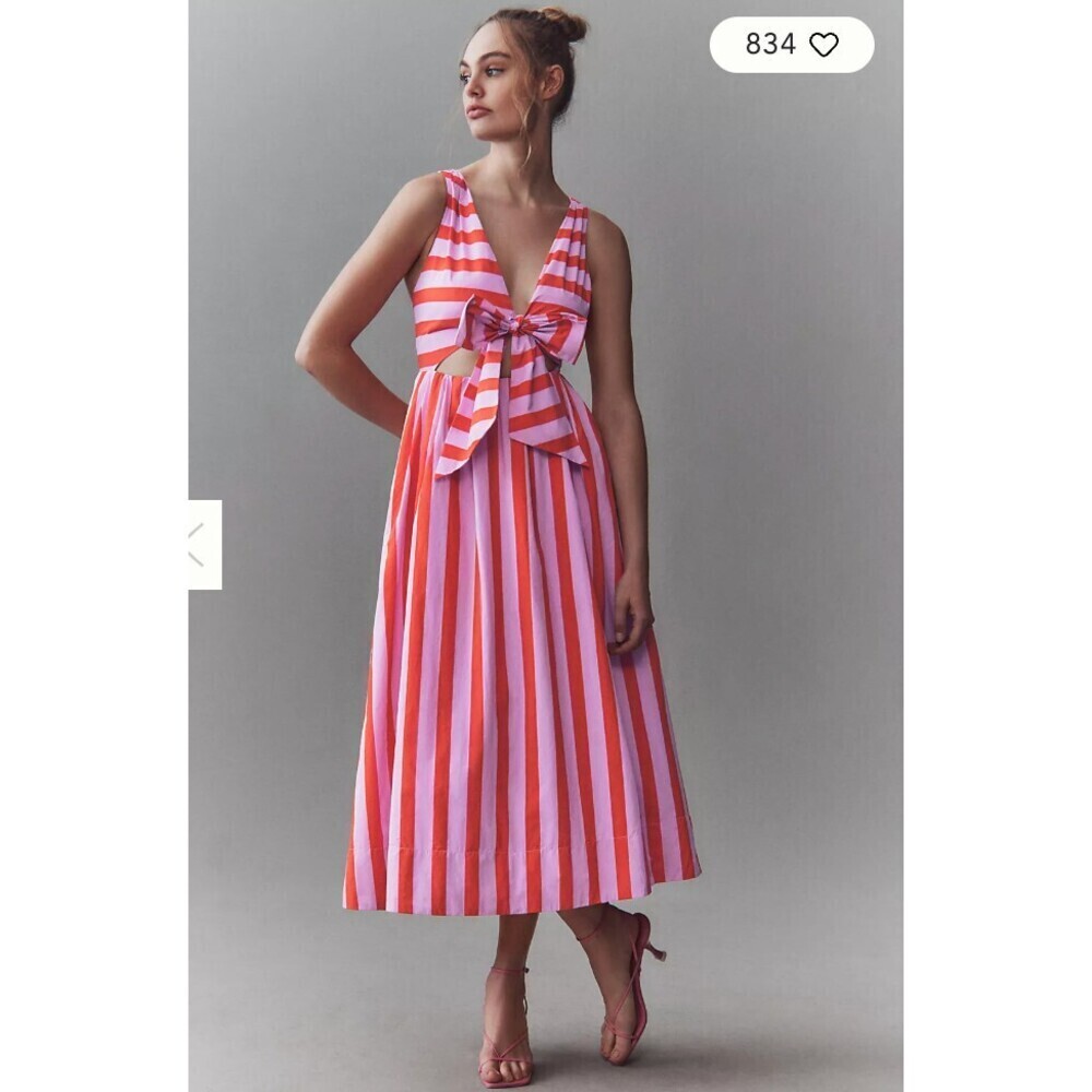 BHLDN NWT Madeline Sleeveless V-Neck Cutout Taffeta Midi Dress Pink Stripe XL
